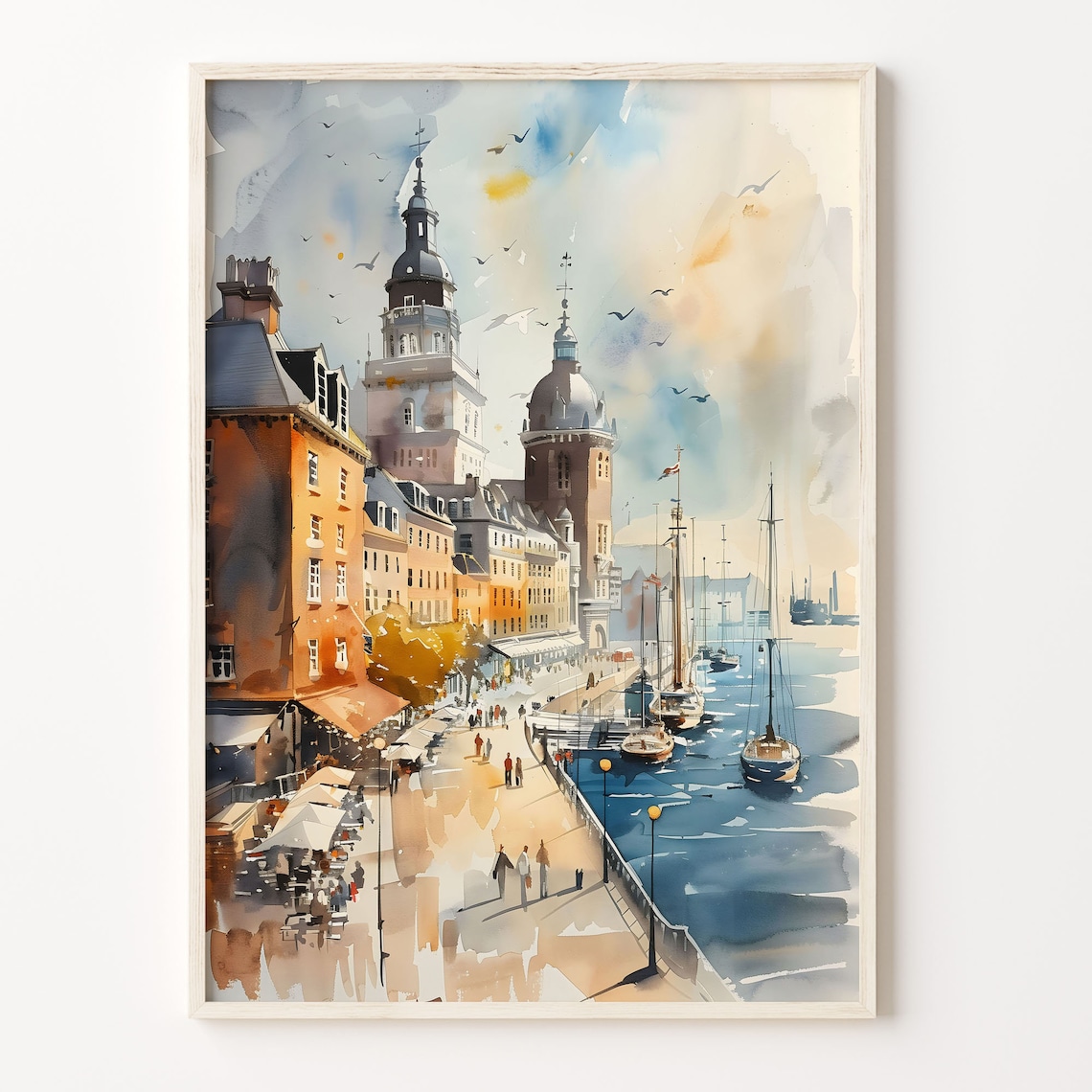 European Harbor Promenade Old Town Sailboats Quay Watercolor Poster