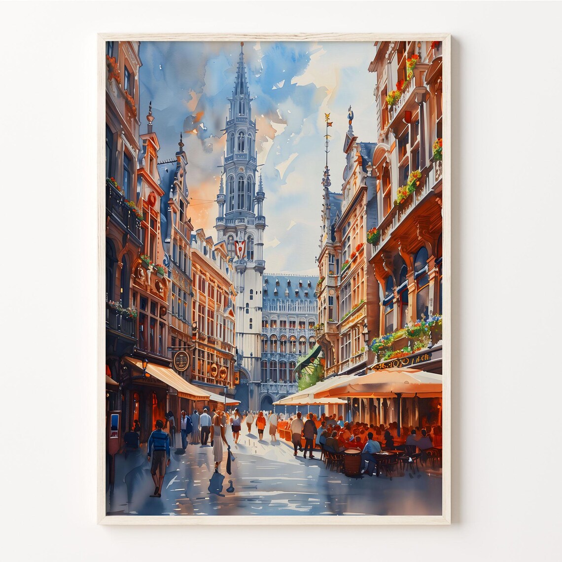 Brussels Belgium Grand Place Square Cafes Watercolor Travel Poster