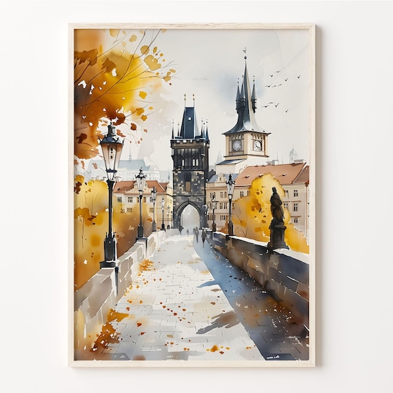 Prague Charles Bridge Autumn Golden Hour Watercolor Travel Poster