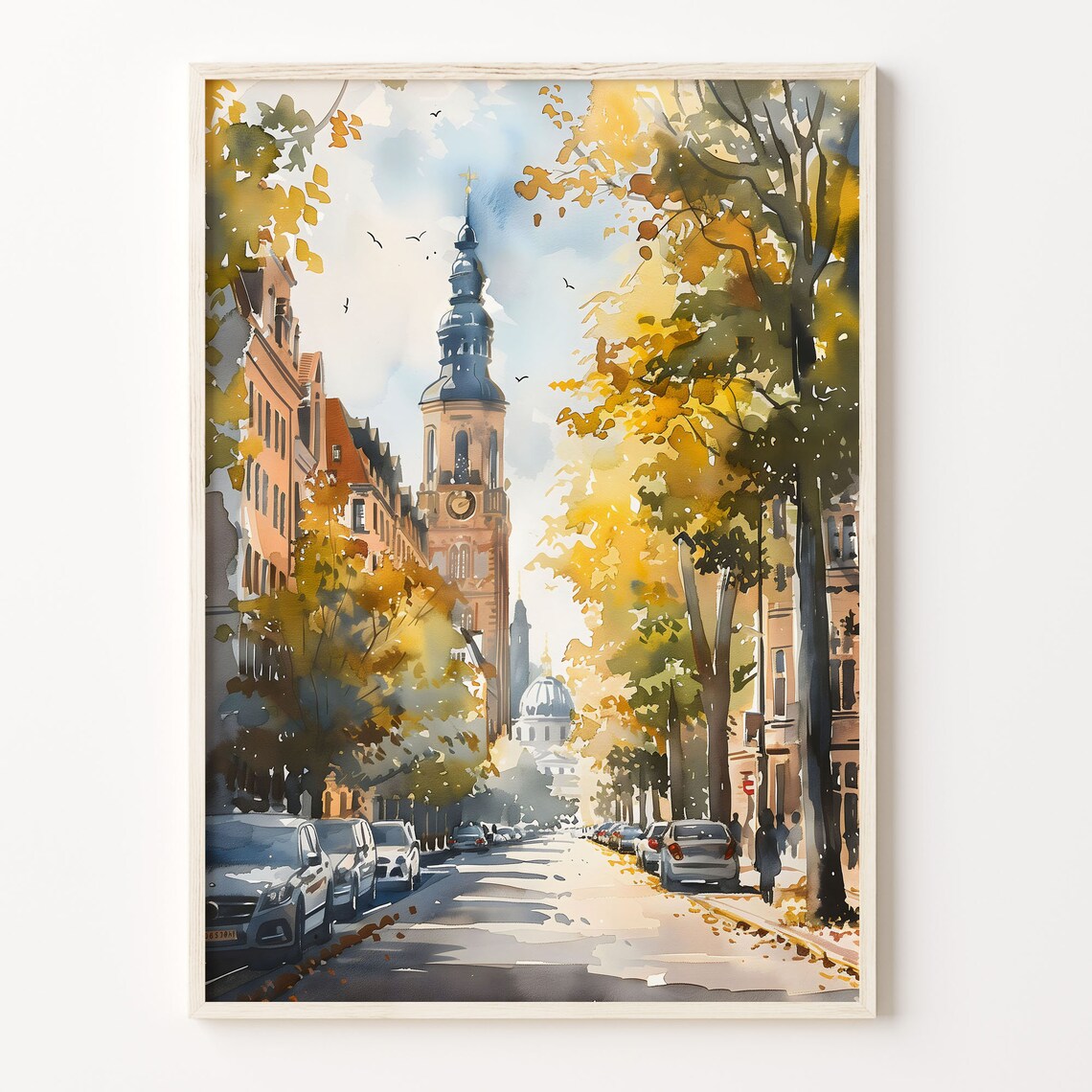 Berlin Germany Autumn City Street Church Tower Watercolor Poster