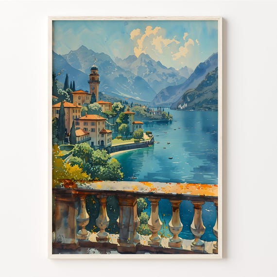 Lake Maggiore Watercolor Painting, Italy Travel Poster