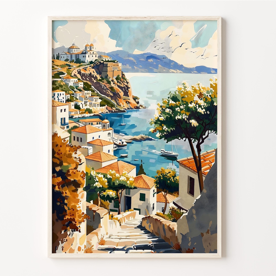 Patmos Greece Aegean Coast Whitewashed Town Watercolor Travel Poster