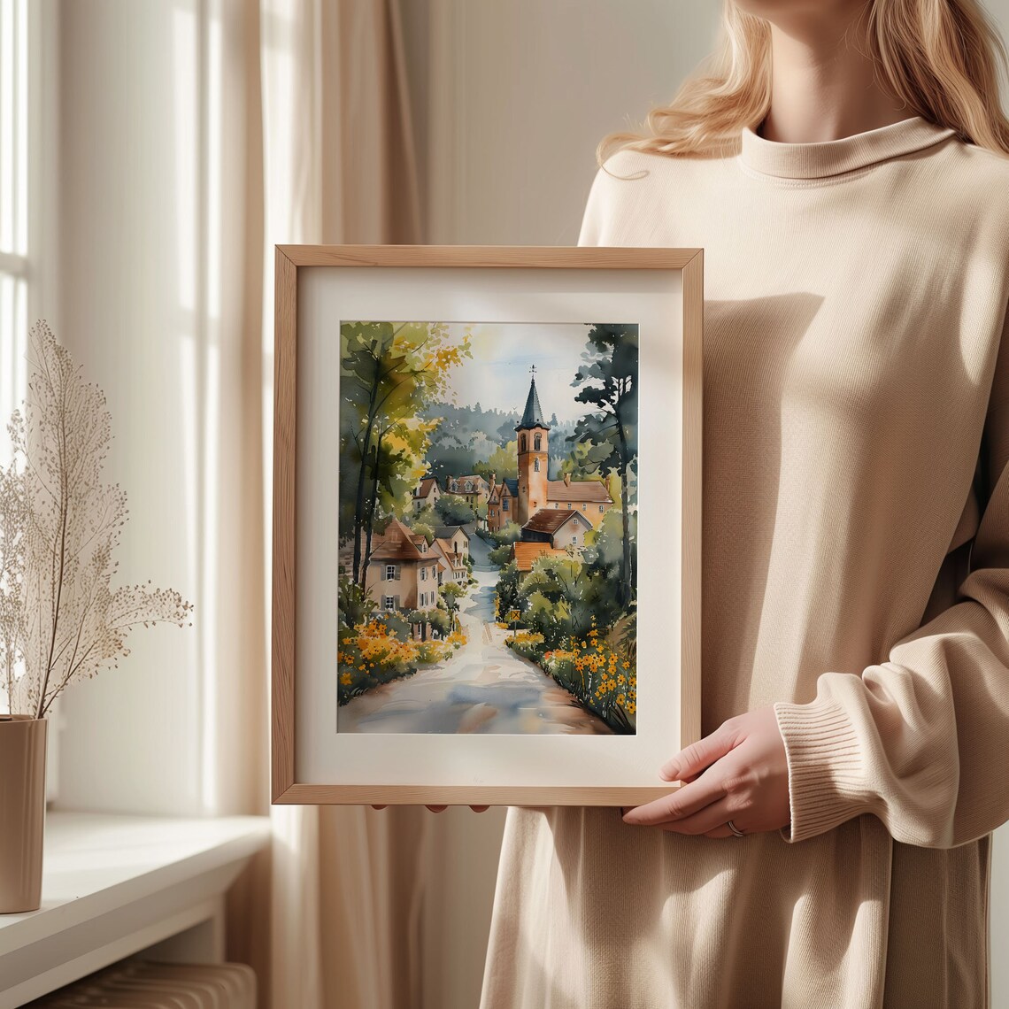 Charming Village Street Church Steeple Wildflowers Watercolor Poster - Image 2