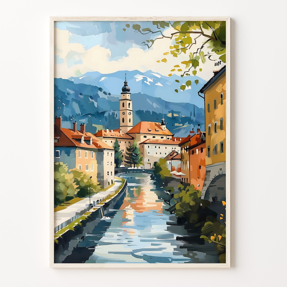 Ljubljana Watercolor Poster Castle Hill River Church Tower Sunshine