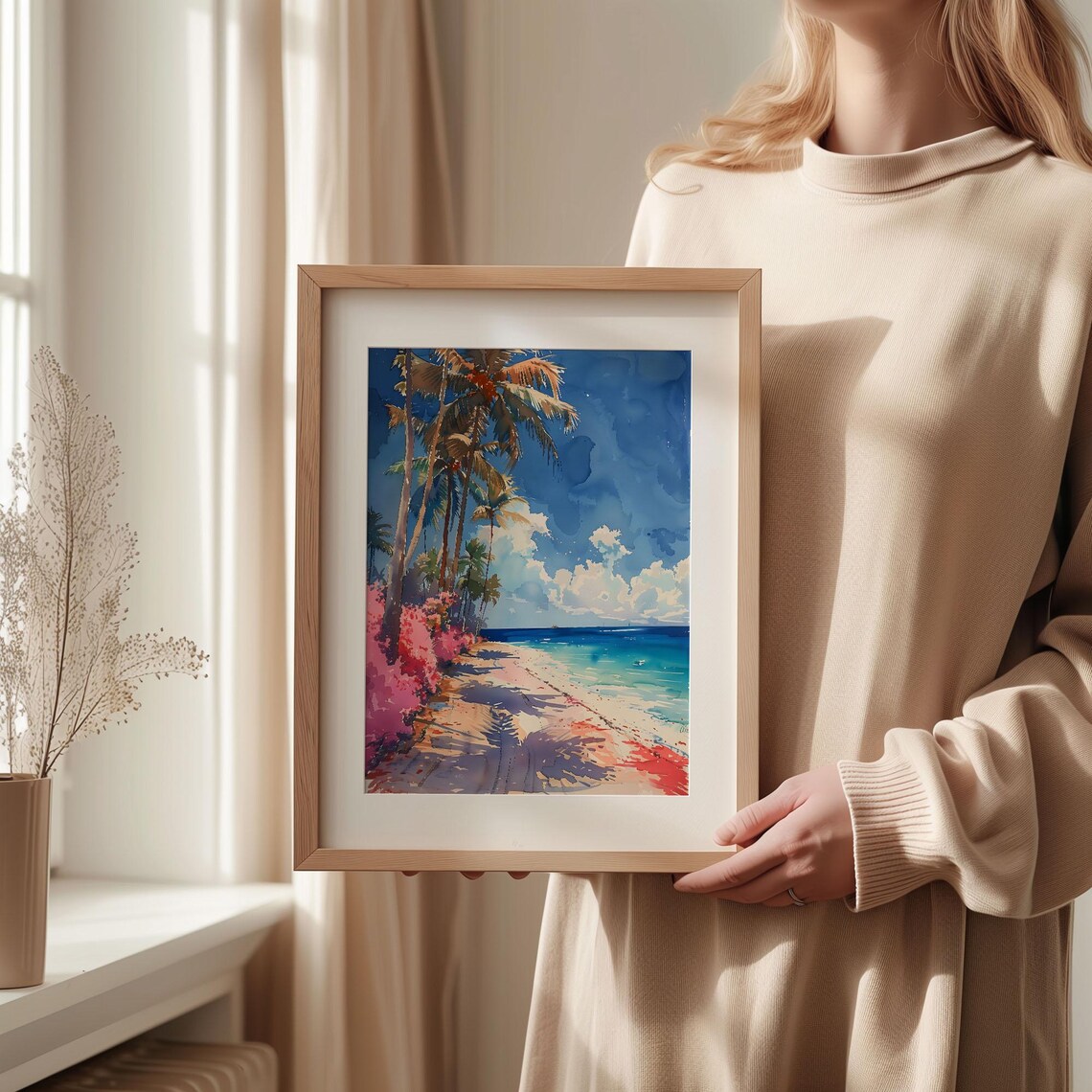 Grand Cayman Caribbean Palm Beach Pink Bougainvillea Watercolor Poster - Image 2