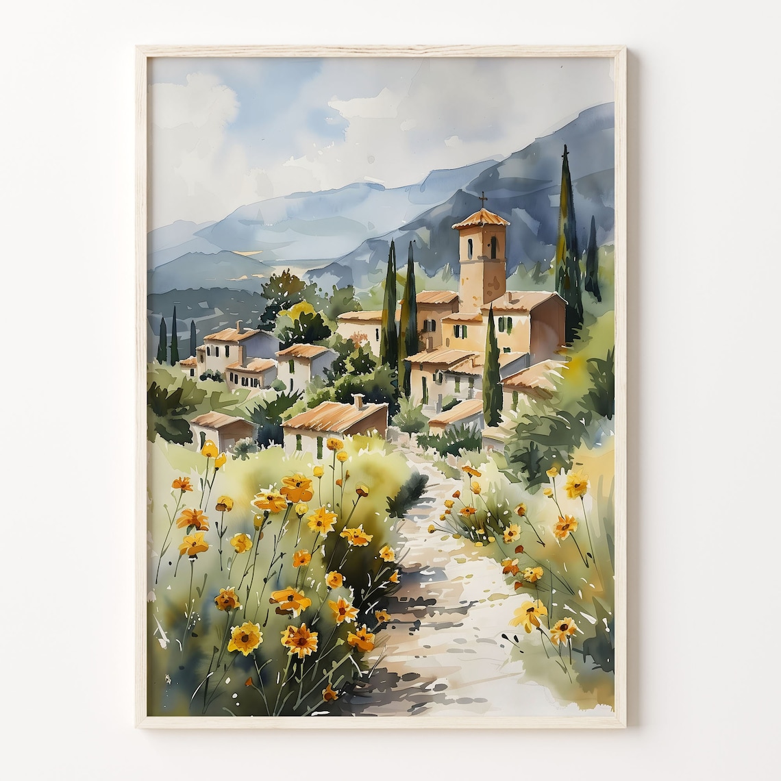 Provence France Countryside Village Wildflowers Watercolor Poster