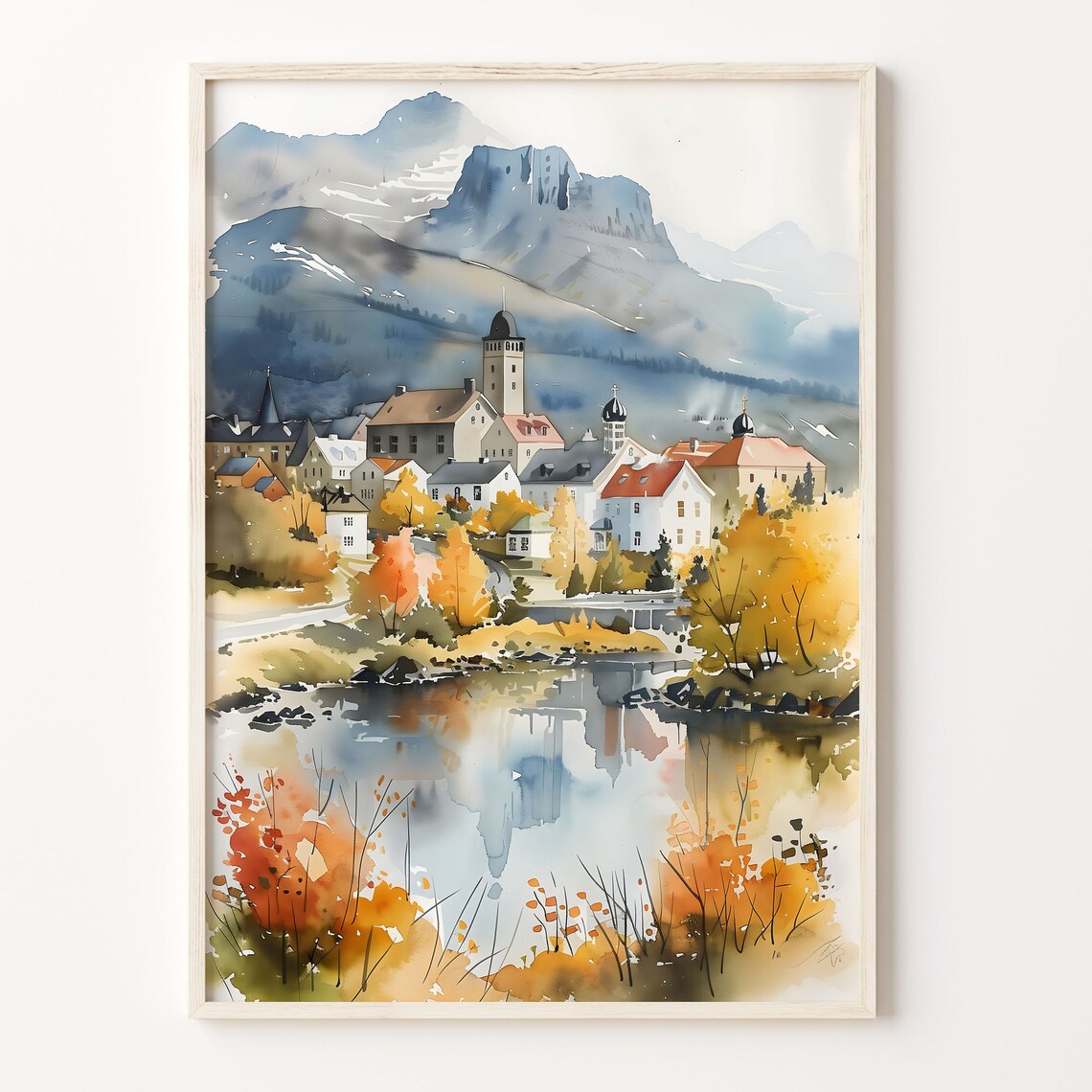 Iceland Lakeside Village Autumn Mountains Reflection Watercolor Poster