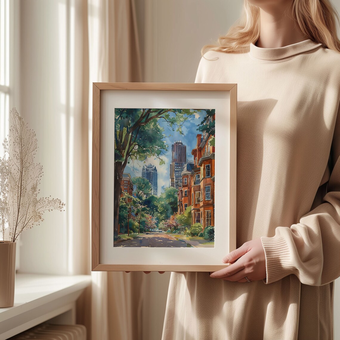 Leafy Brownstone Street City Skyline Summer Watercolor Print - Image 2