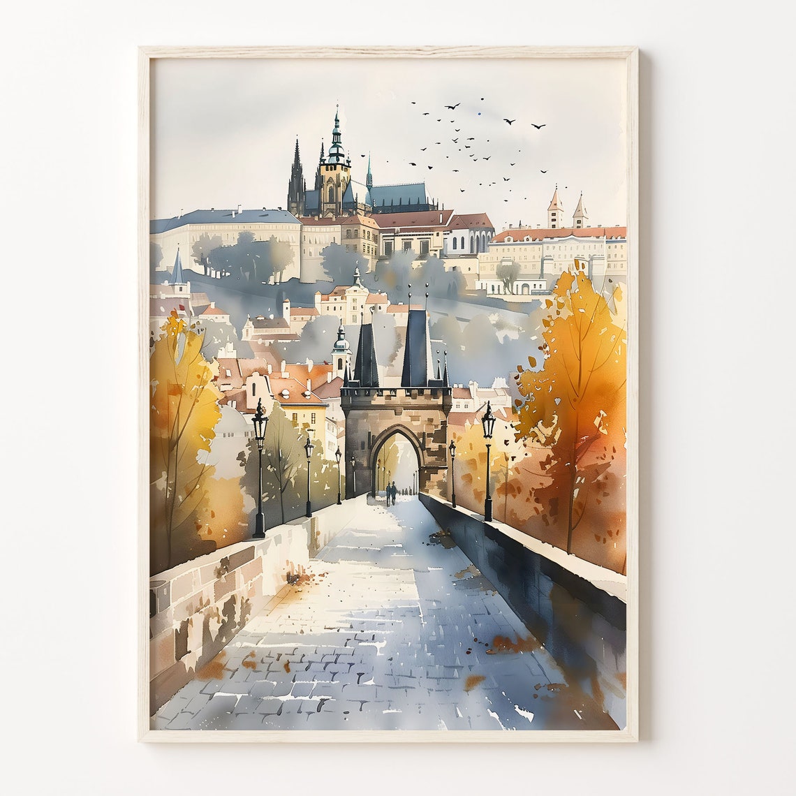 Prague Charles Bridge Autumn Old Town Castle Watercolor Poster