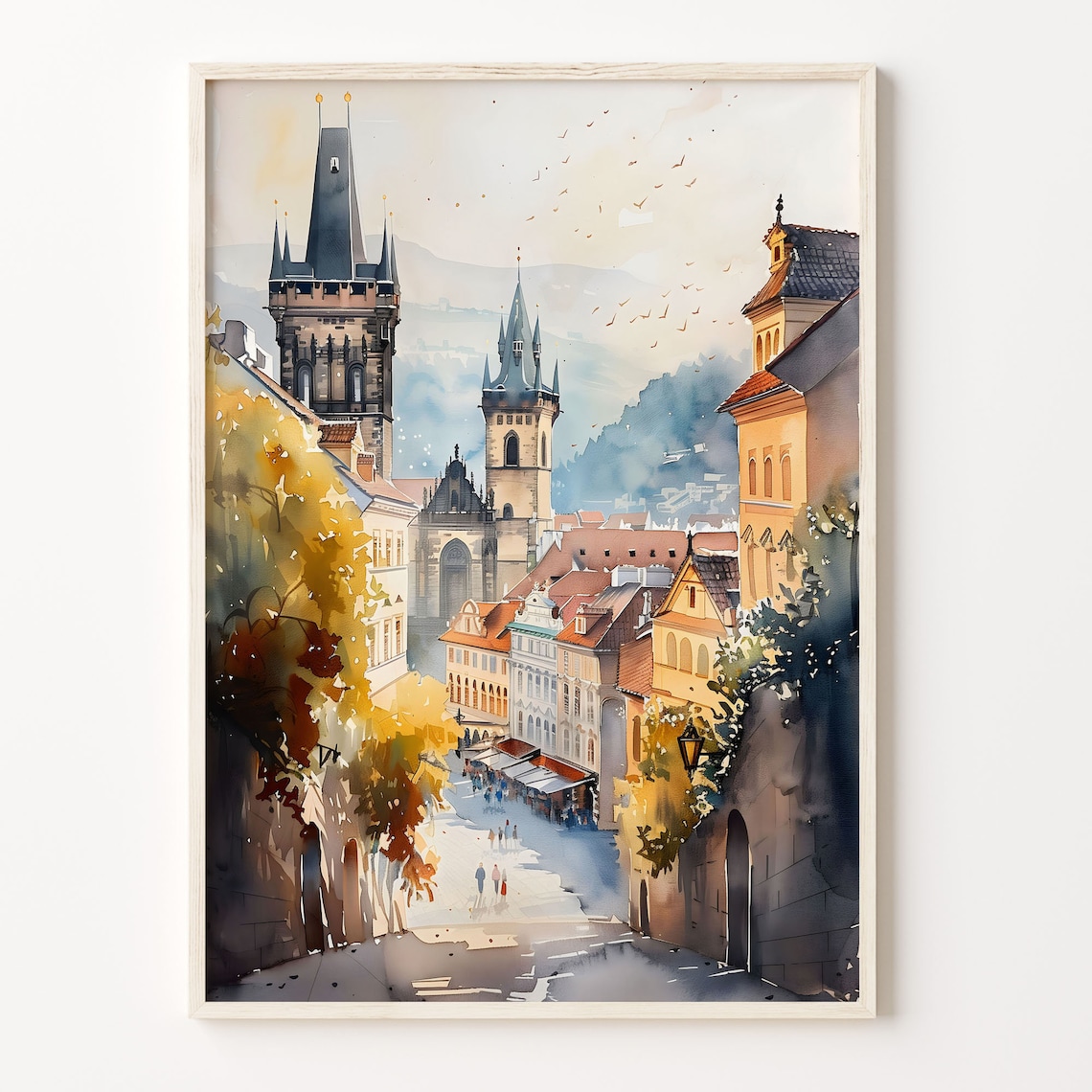 Prague Old Town Church Spires Autumn Street Watercolor Print