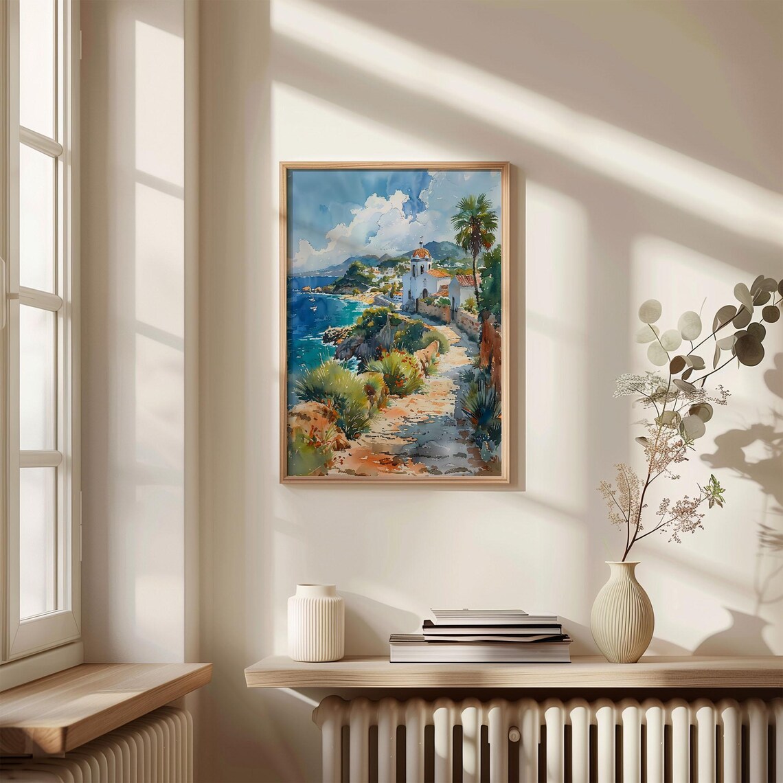 Ibiza Spain Coastal Chapel Rocky Shore Watercolor Travel Poster - Image 4
