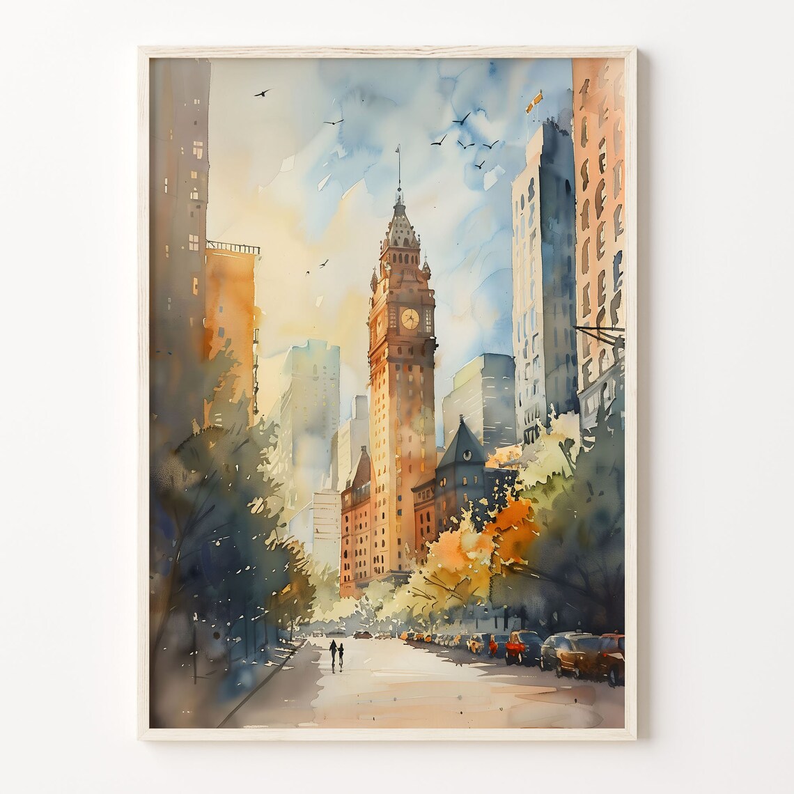 Historic Clock Tower City Avenue Autumn Trees Watercolor Poster