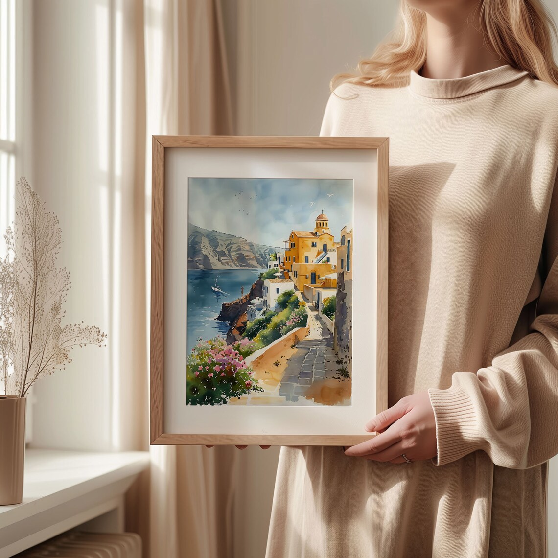 Santorini Greece Cliffside Village Caldera Sailboat Watercolor Poster - Image 2