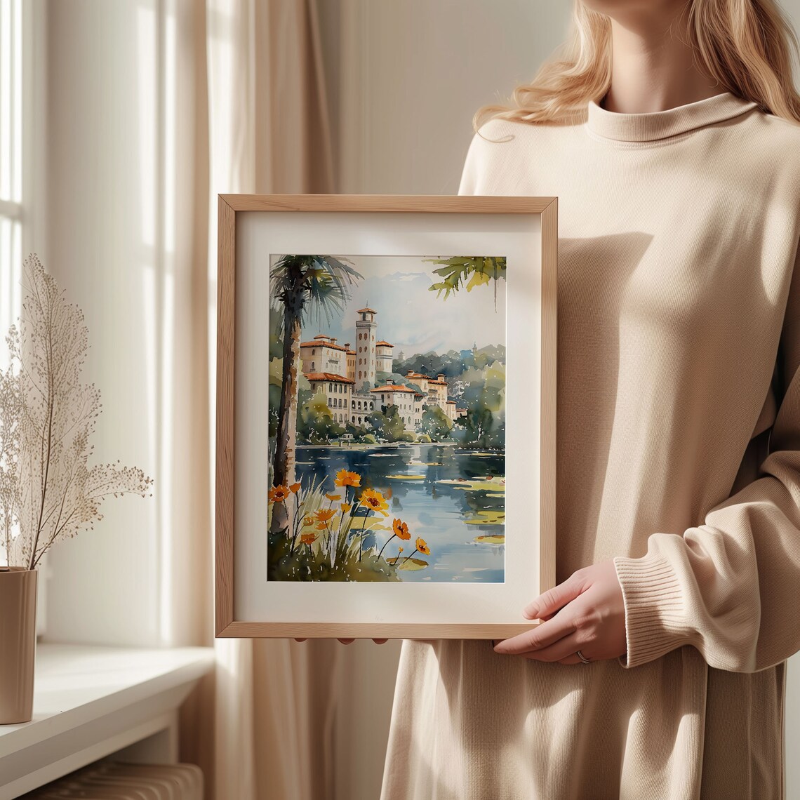 Orlando Florida Watercolor Poster Mediterranean Villa Lakeside Palms - Image 2