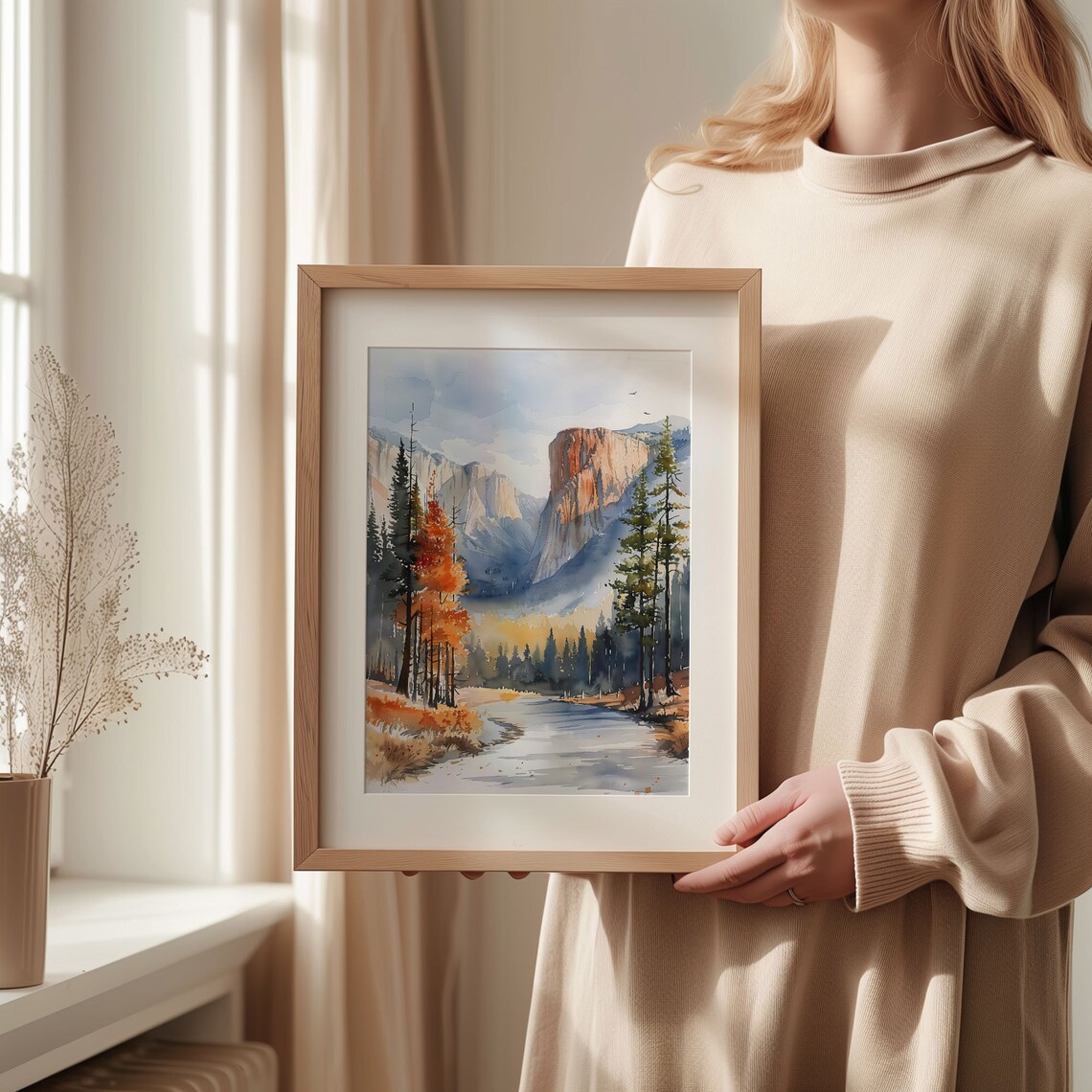 Yosemite National Park Granite Cliffs Autumn River Watercolor Poster - Image 2
