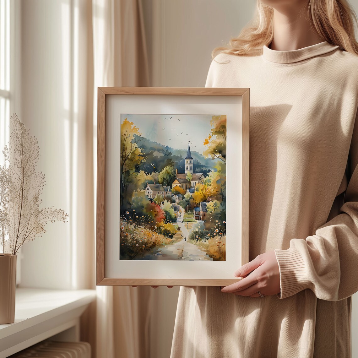 Connecticut Autumn Village Church Steeple Flowers Watercolor Poster - Image 2