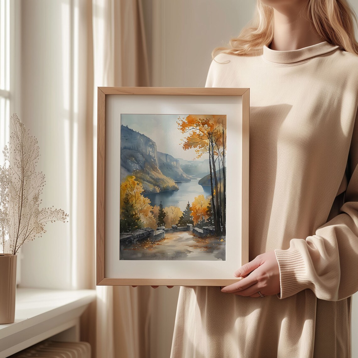 Finger Lakes New York Autumn Lake Gorge Watercolor Landscape Poster - Image 2