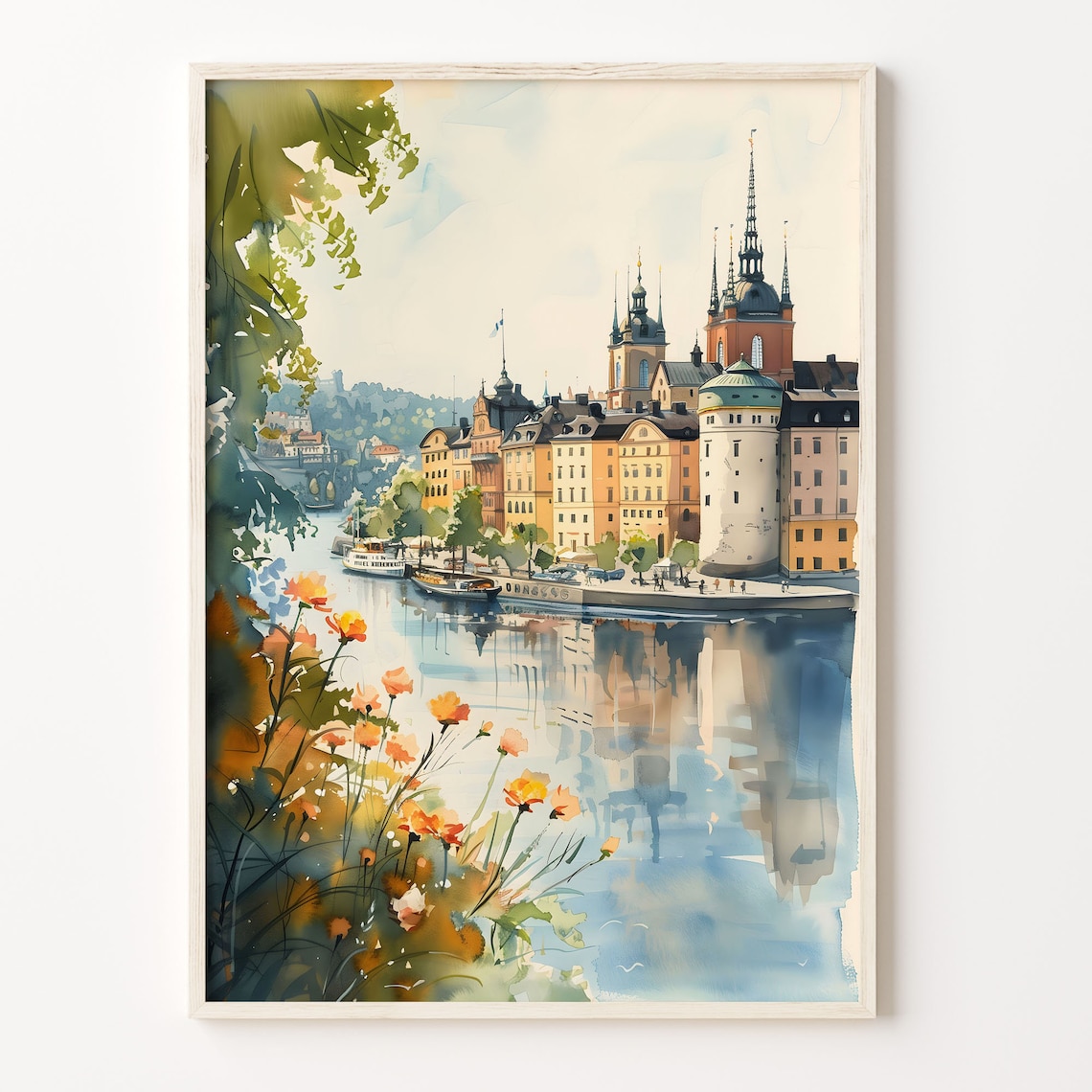 Stockholm Travel Poster, Watercolor Mid-Century Print