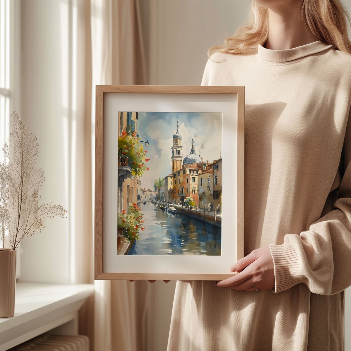 Venice Sunny Canal Bell Tower Gondola Boats Watercolor Poster - Image 2