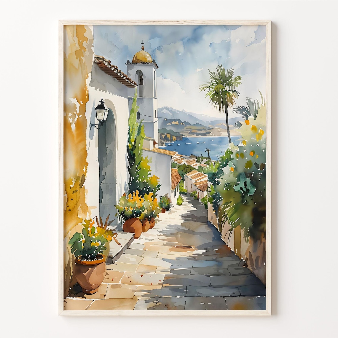 Albufeira Portugal Whitewashed Alley Church Sea View Watercolor Poster