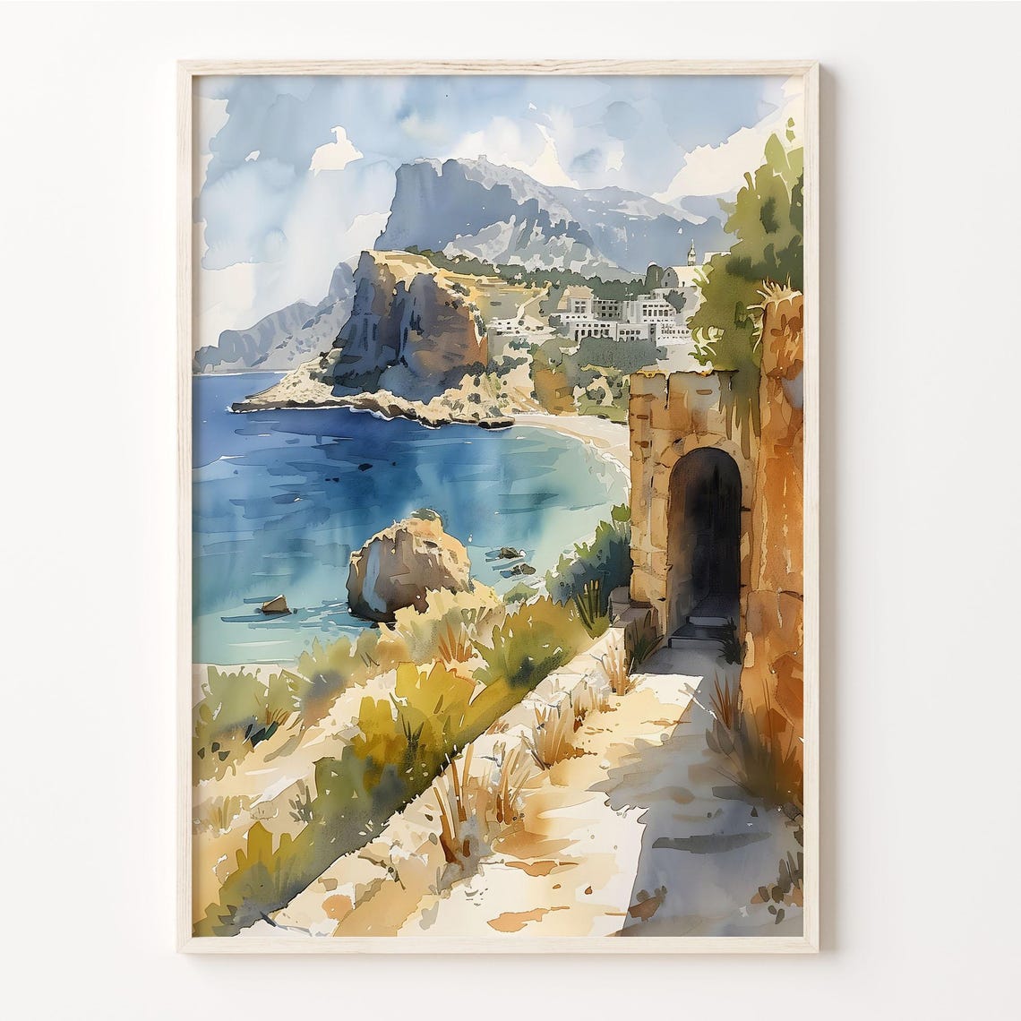 Lindos Greece Cliff Path Ancient Arch Turquoise Cove Watercolor Poster