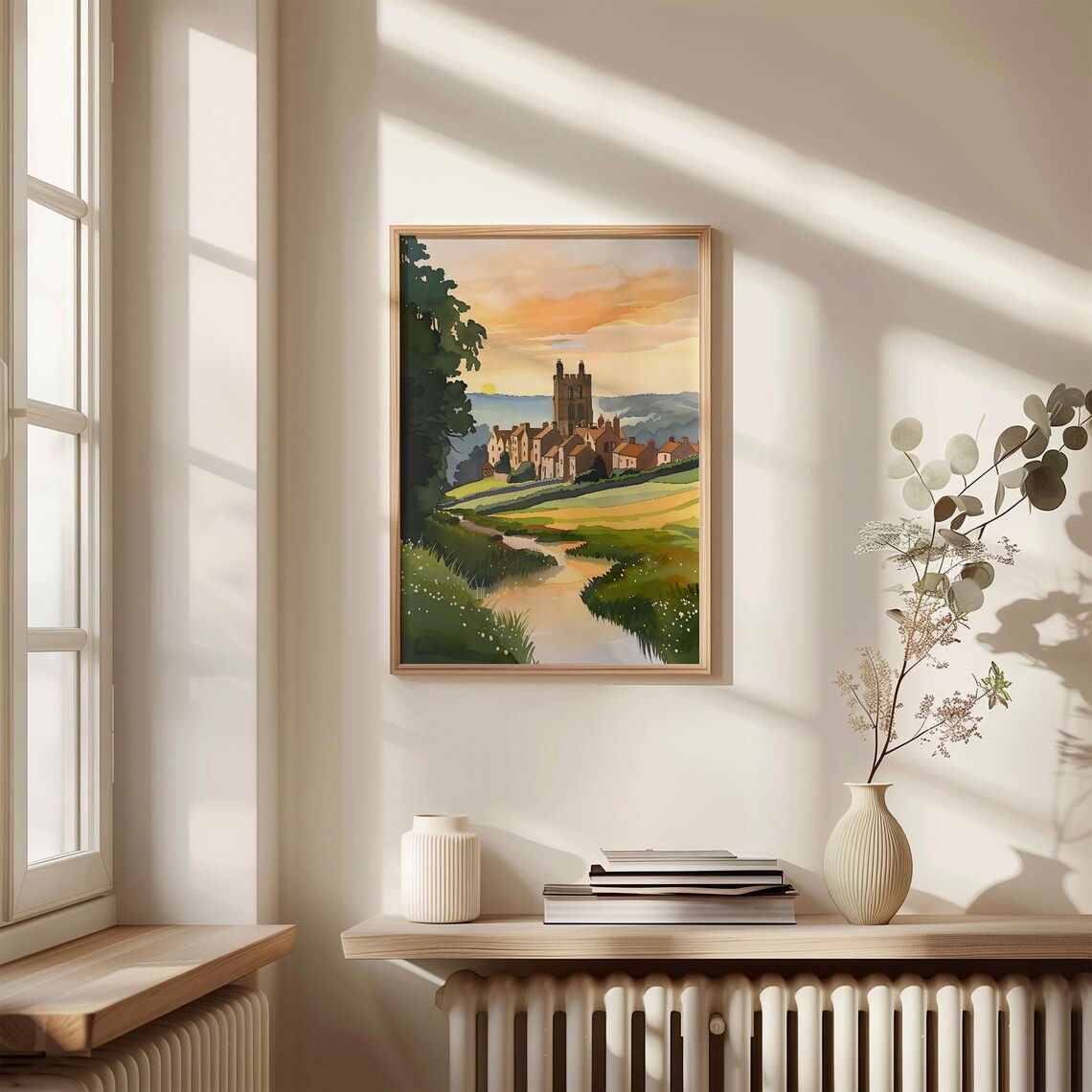Yorkshire Abbey Ruins Sunset Meadow Golden Watercolor Travel Poster - Image 4