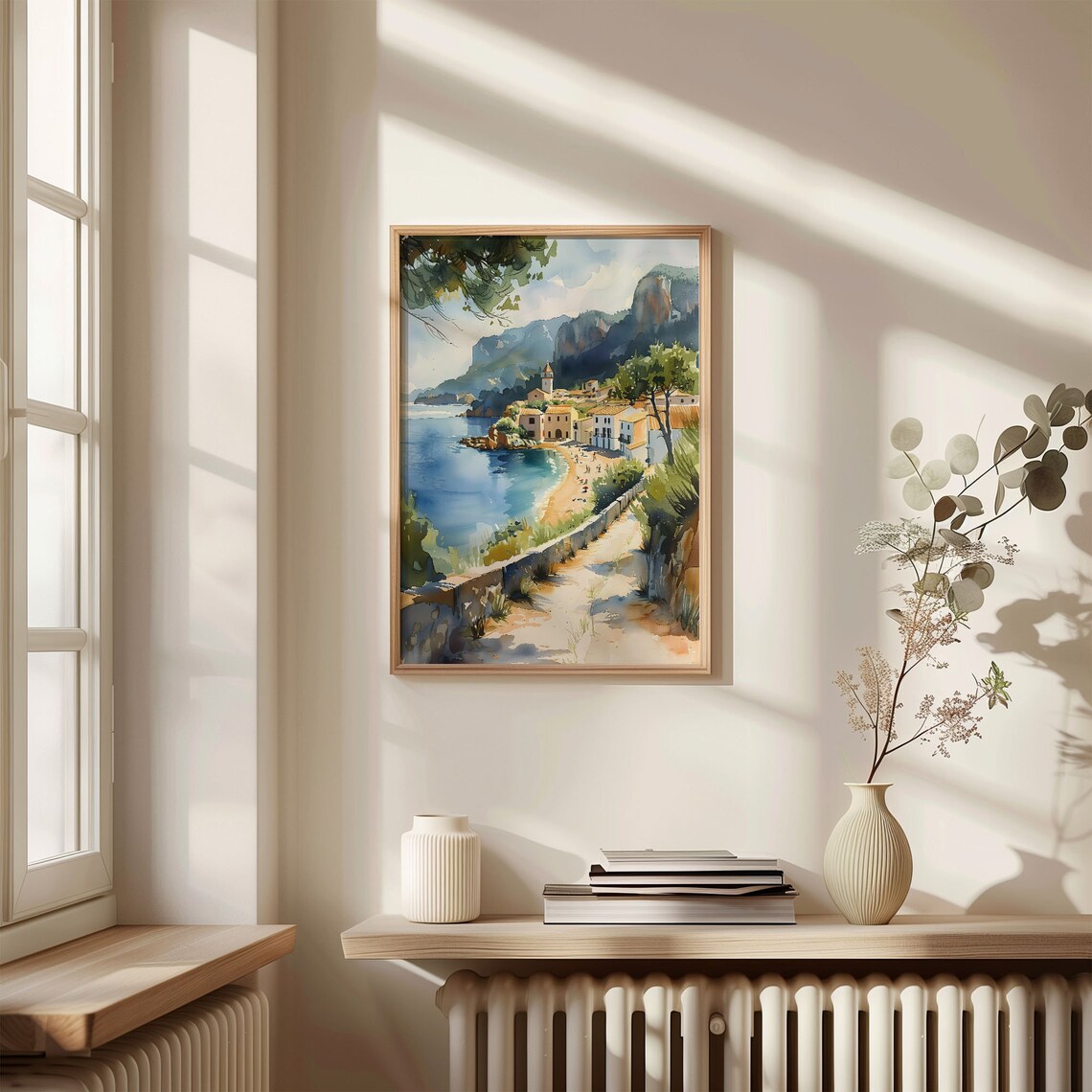 Mallorca Coastal Village Sandy Beach Cliffs Watercolor Travel Poster - Image 4