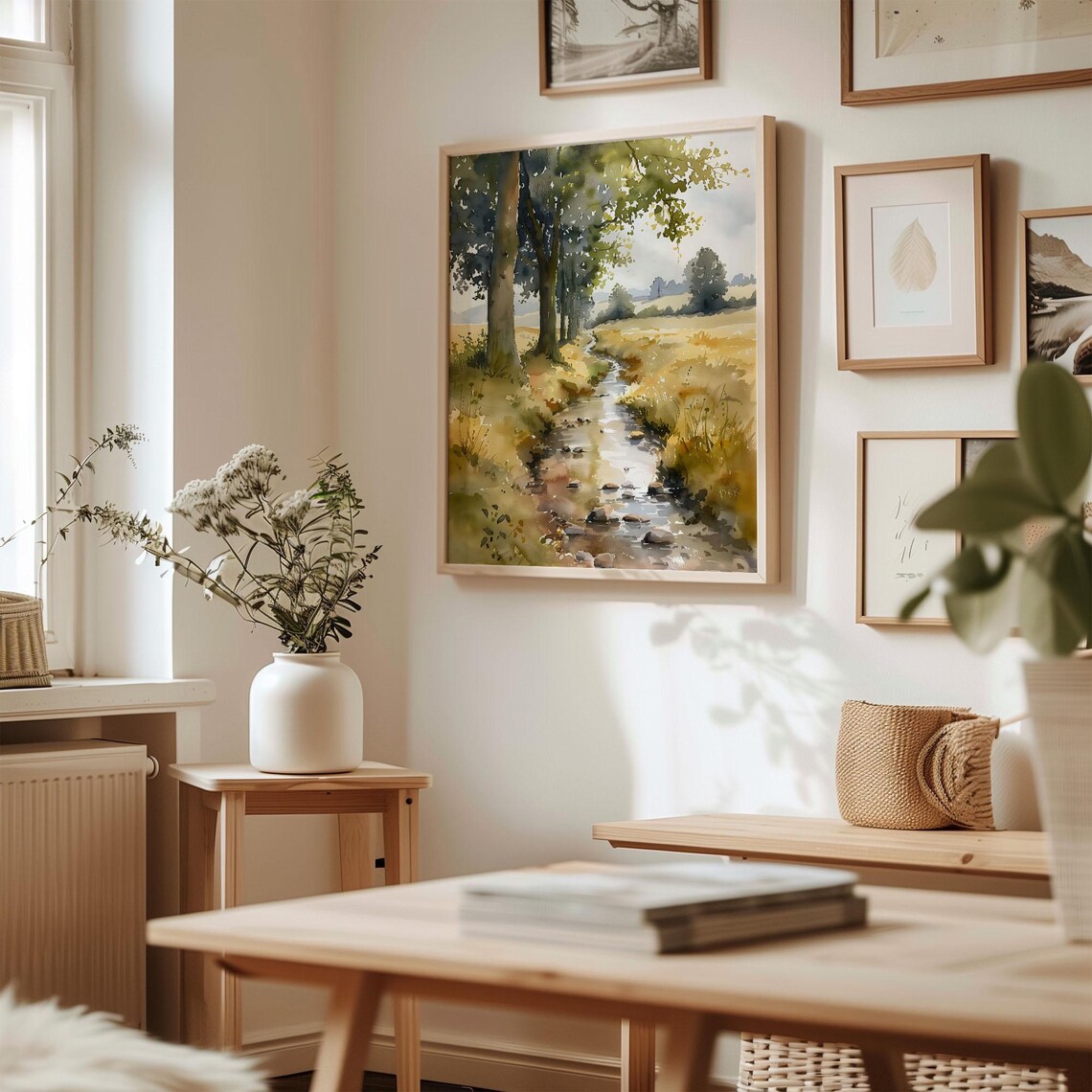 Northumberland Countryside Stream Golden Meadow Trees Watercolor Poster - Image 3