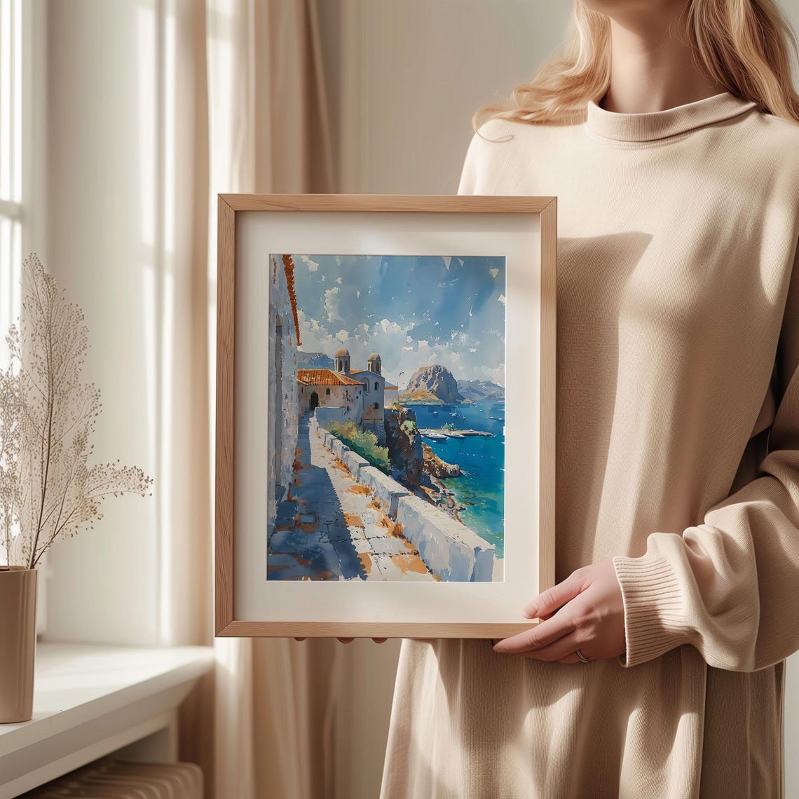 Lindos Rhodes Chapel Cliff Path Turquoise Bay Watercolor Poster - Image 2