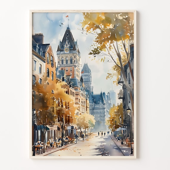 Montreal Quebec Old Town Chateau Autumn Street Watercolor Poster