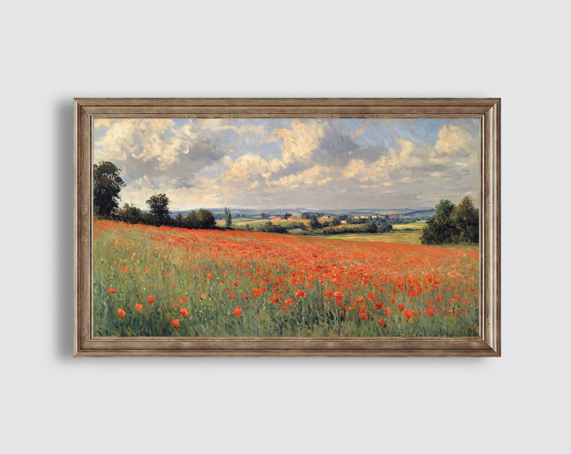 Red Poppy Field Rolling Green Hills Summer Landscape Art Poster - Image 2
