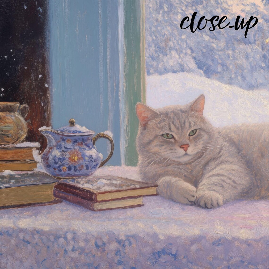 Grey Cat Lounging by a Snowy Window with Books and a Floral Teapot Poster - Image 4