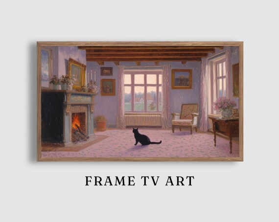 Black Cat in an Elegant Room with Fireplace and Snowy Winter Windows Poster