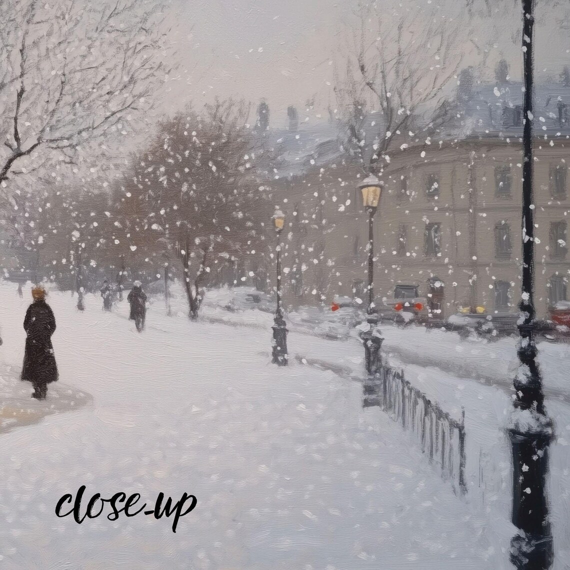 Snowy Winter City Street with Glowing Shop Windows and Falling Snow Poster - Image 3