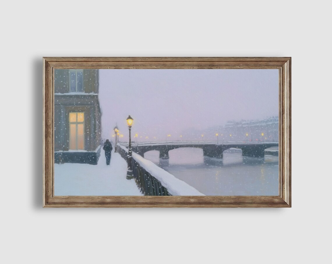 Snowy River Promenade with Lampposts Stone Bridge and Warm Windows Poster - Image 2