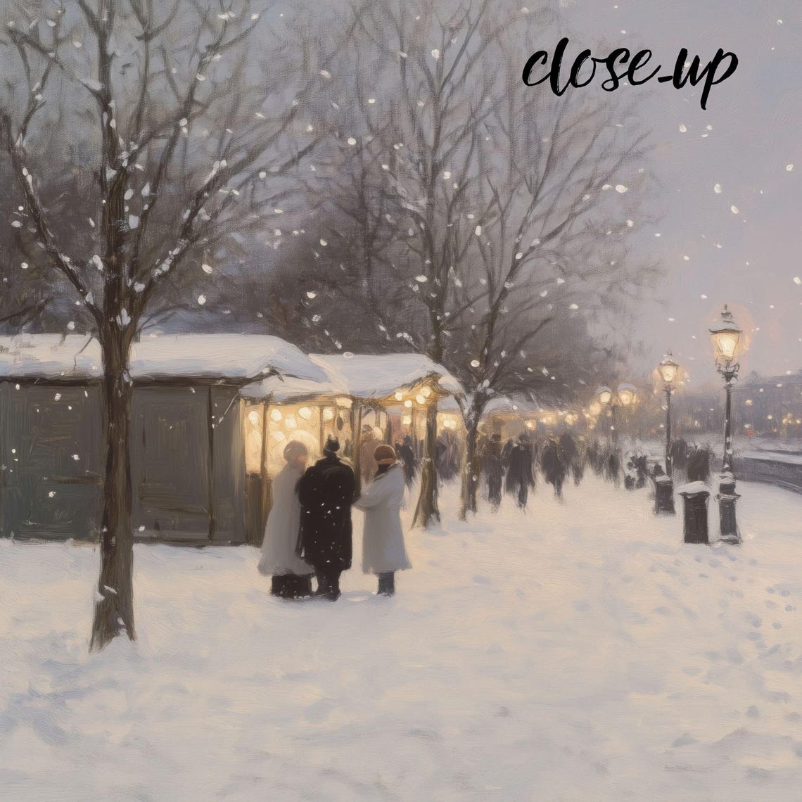 Snowy Riverside Promenade Lampposts Distant City Lights Poster - Image 4
