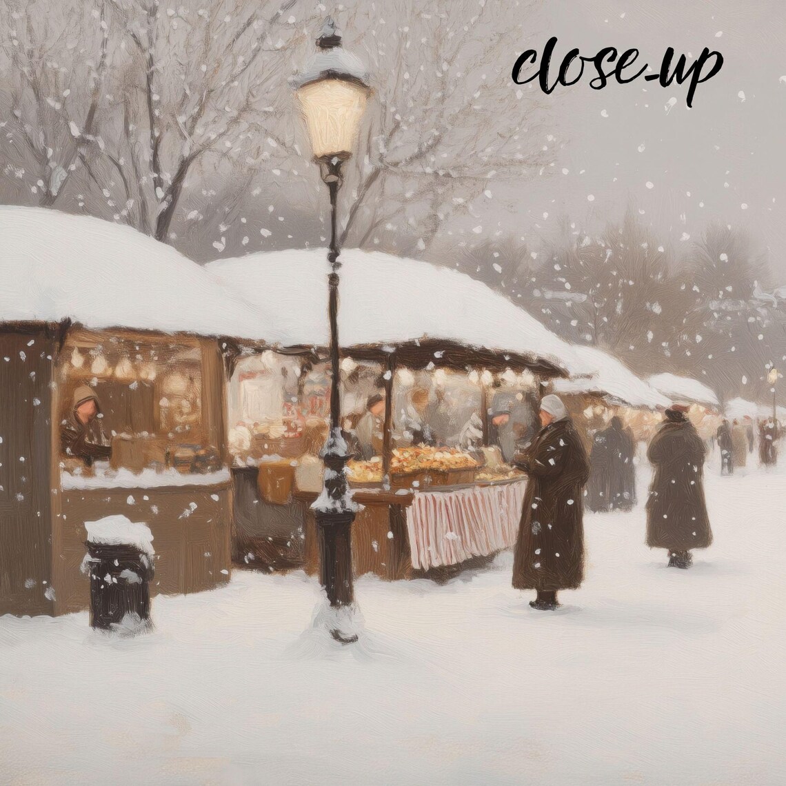 Snowy Christmas Market Stalls Shoppers Falling Snow Village Poster - Image 4