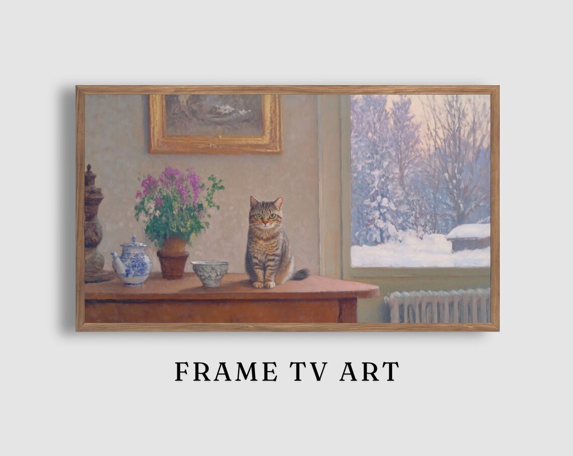 Tabby Cat Still Life with Flowers and Teapot by a Snowy Window Painting Poster