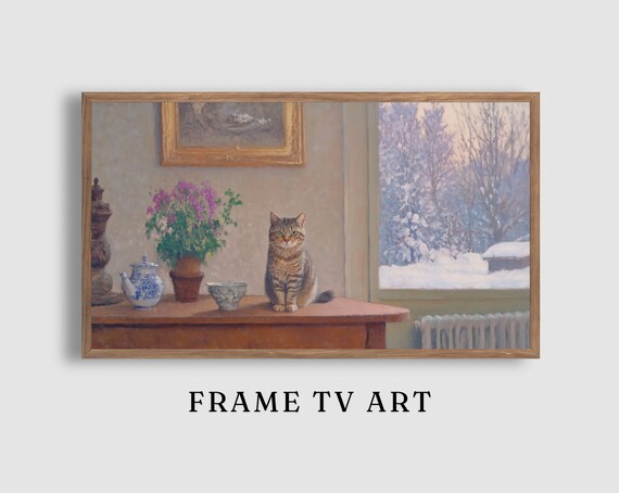 Tabby Cat Still Life with Flowers and Teapot by a Snowy Window Painting Poster
