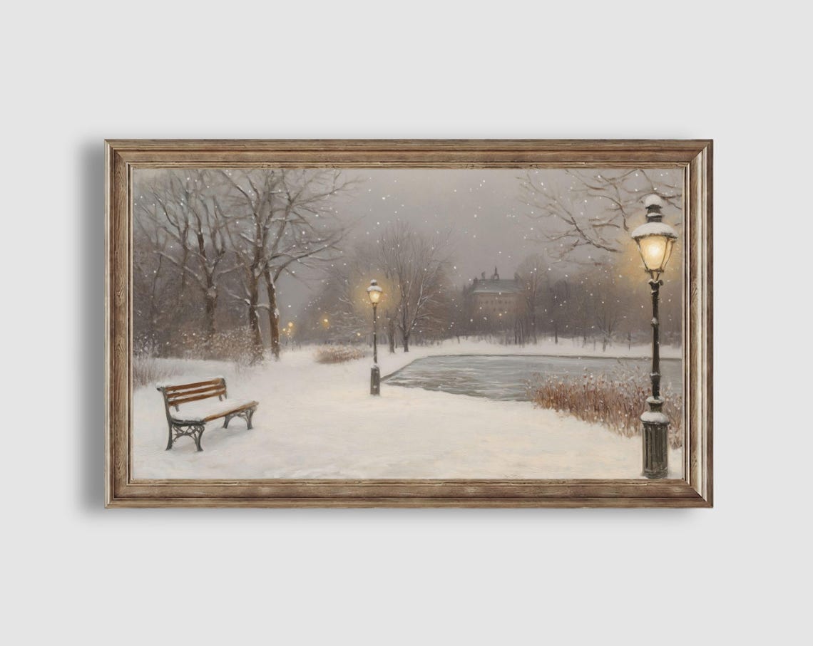 Snowy Winter Park Bench Lamppost Falling Snow Landscape Poster - Image 2