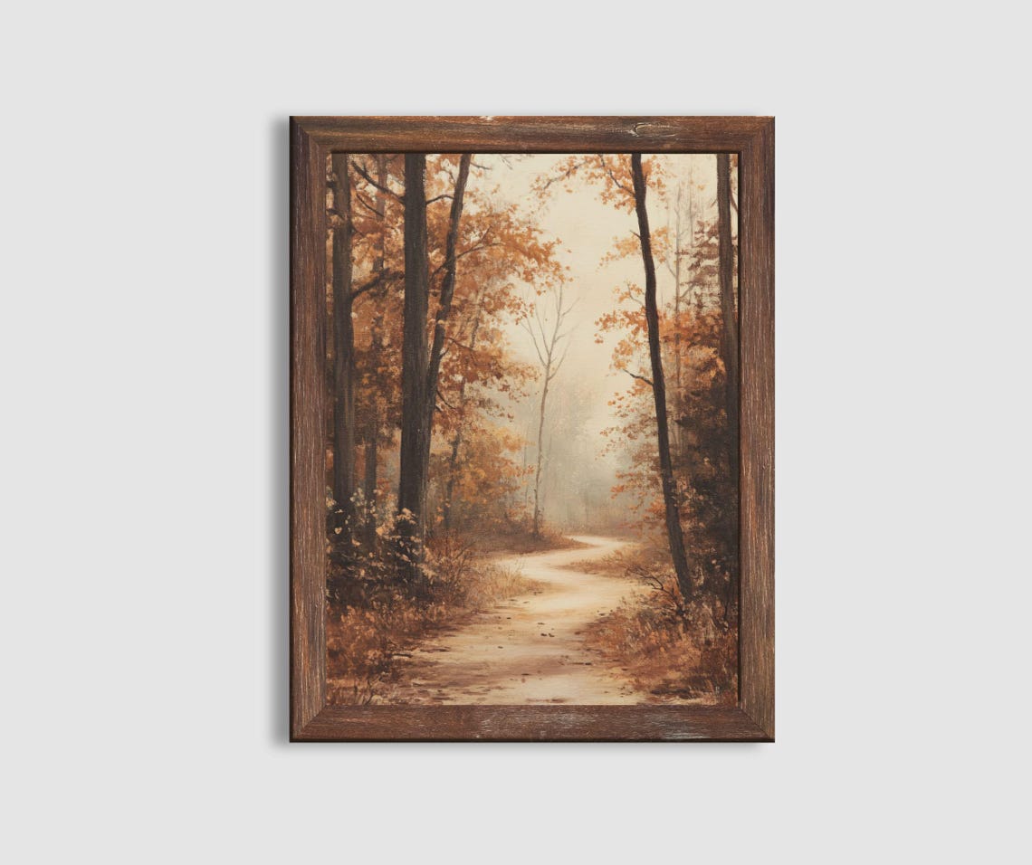 Sunlit Autumn Forest Path Tall Trees Warm Vintage Trail Art Poster