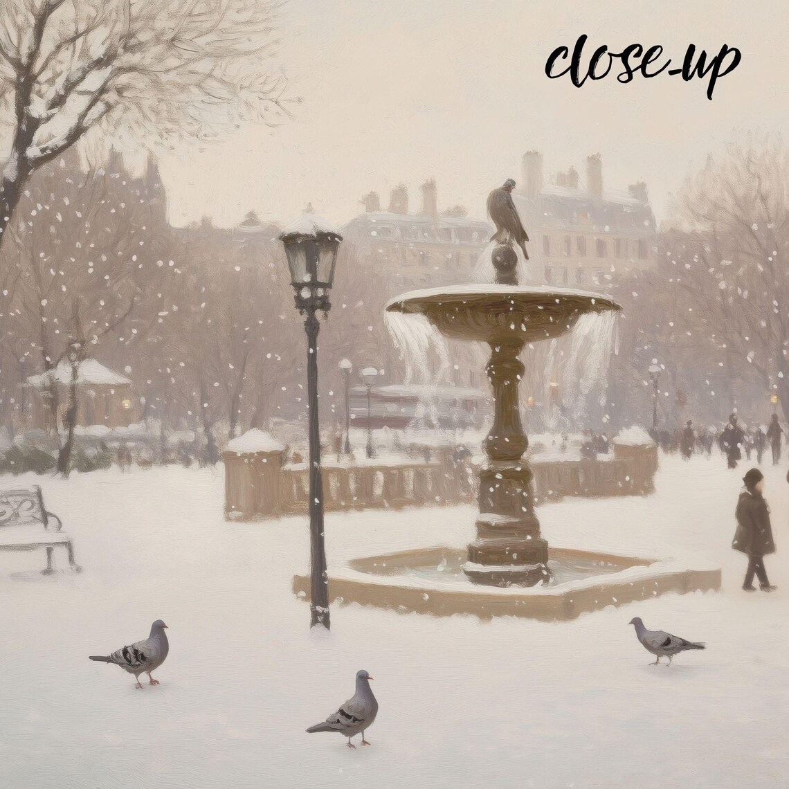 Snowy City Square Fountain Pigeons Winter Gathering Scene Poster - Image 3