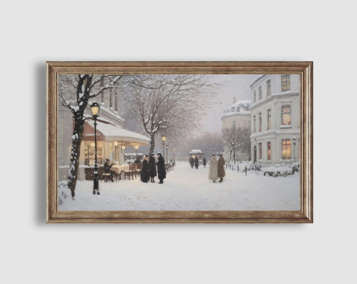 Snowy Street Café Awning Pedestrians Winter City Scene Poster - Image 2
