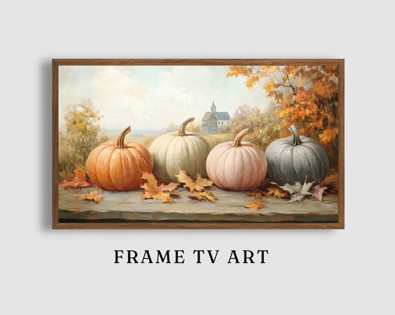 Four Pumpkins with Church View Autumn Harvest Painting Poster