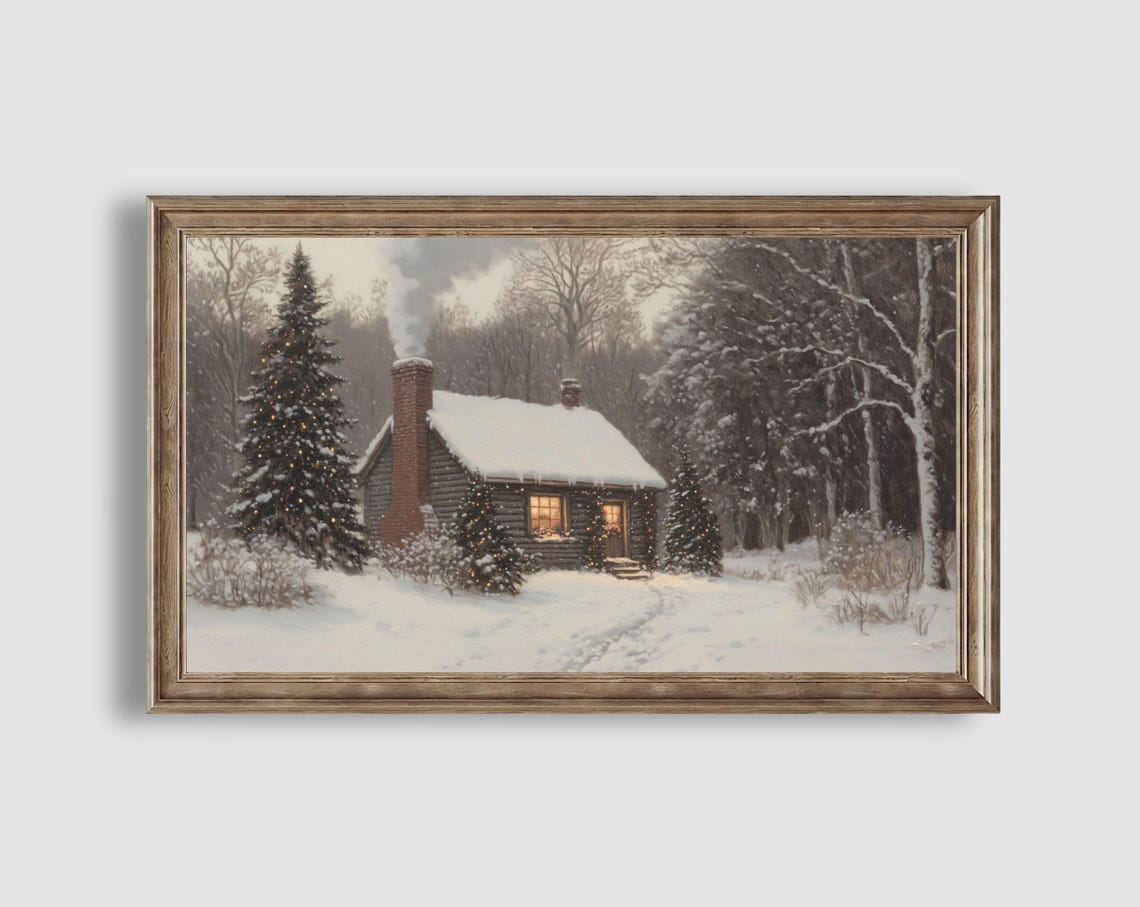 Cozy Log Cabin Christmas Trees Smoking Chimney Winter Night Poster - Image 2