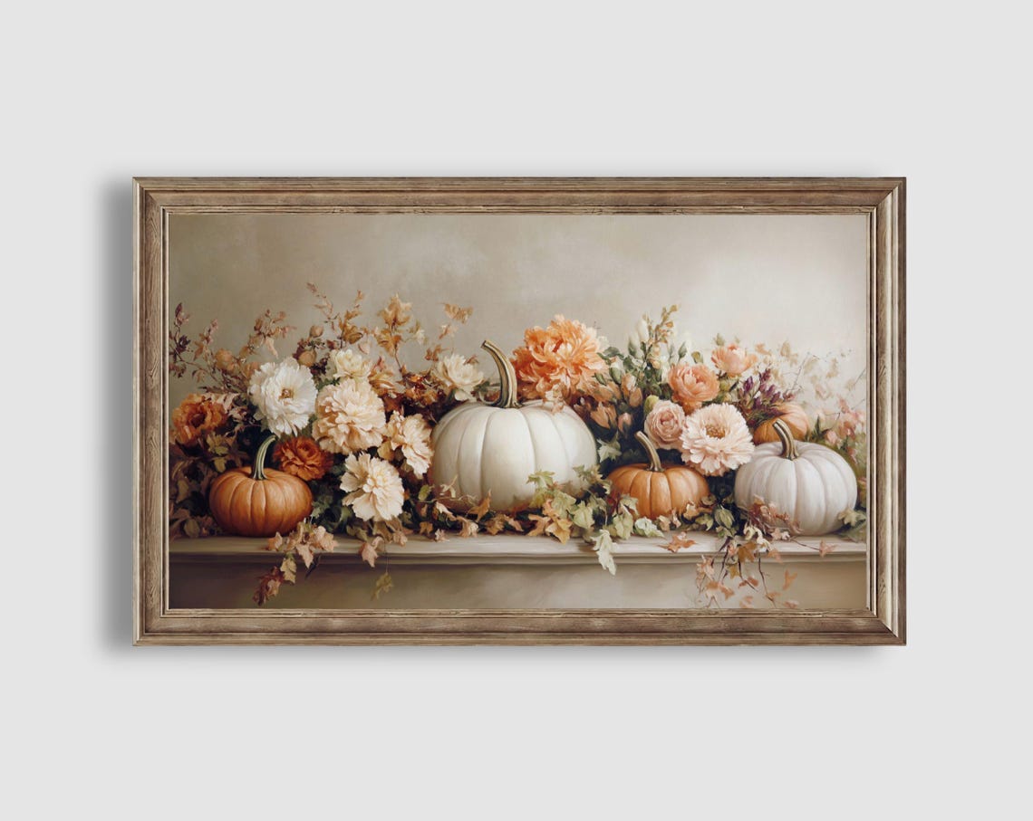 Pumpkins with Autumn Flowers Elegant Mantel Arrangement Poster - Image 2