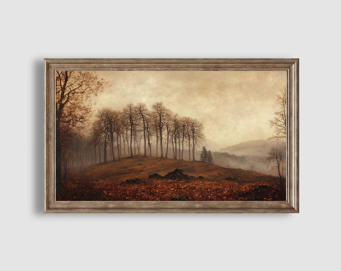 Misty Autumn Hilltop Bare Trees Fallen Leaves Vintage Moody Art Poster - Image 2