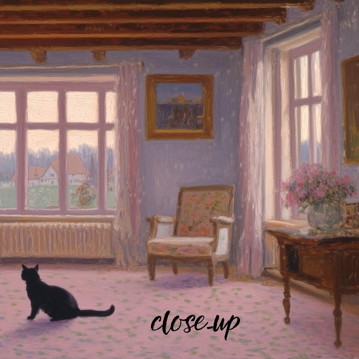 Black Cat in an Elegant Room with Fireplace and Snowy Winter Windows Poster - Image 3