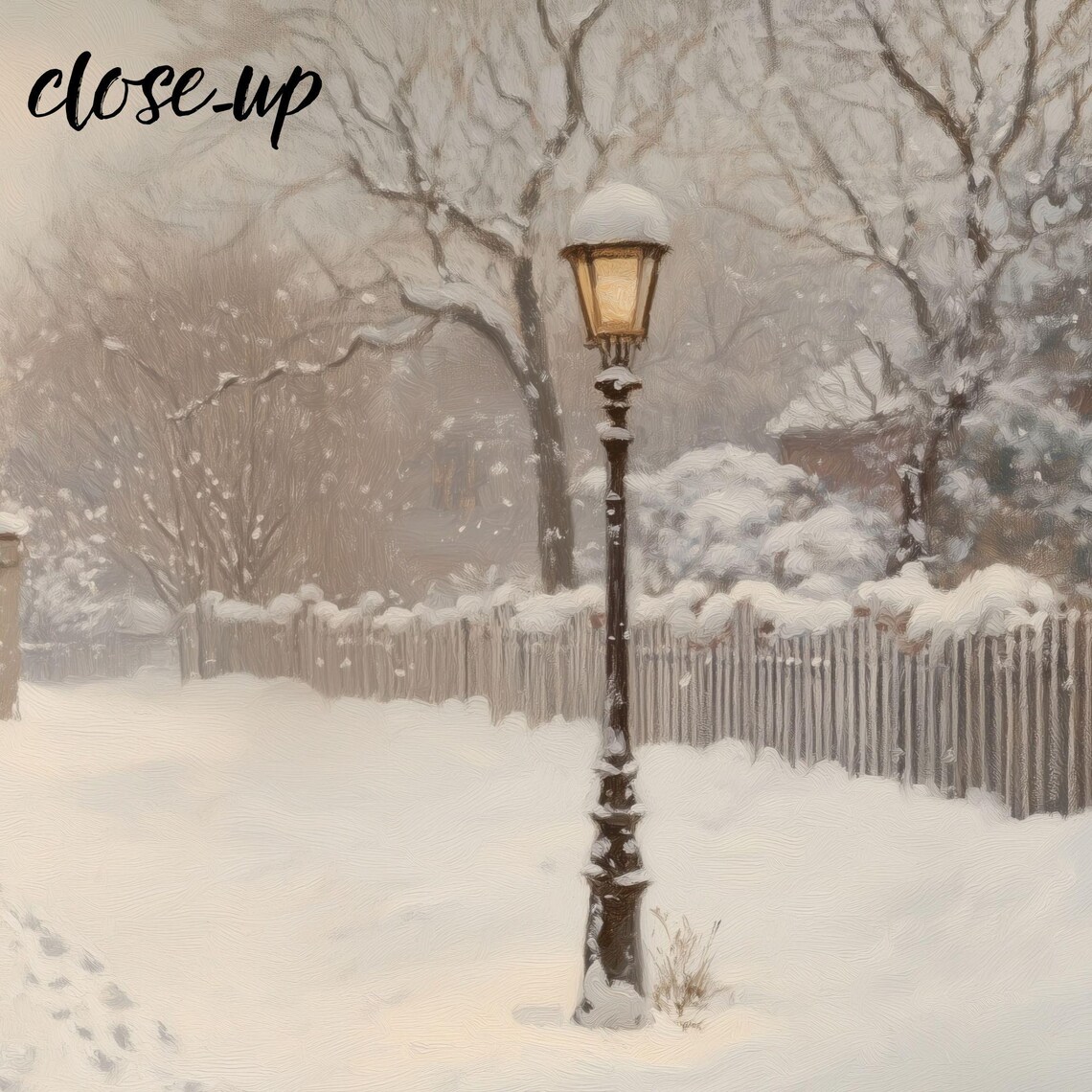 Lone Figure Snowy Street Lamppost Picket Fence Winter Scene Poster - Image 3