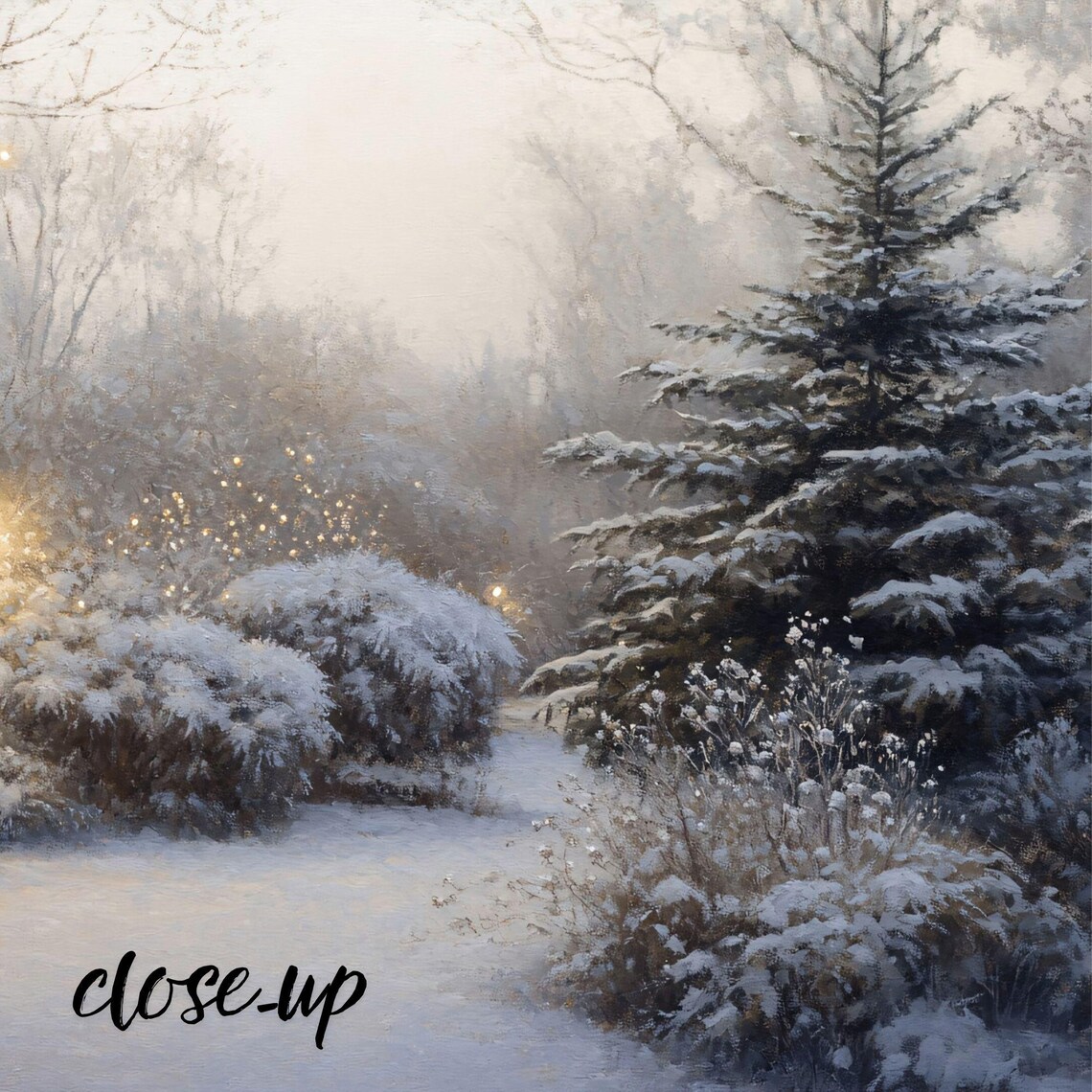 Snowy Park Bench Twinkle Lights Winter Night Garden Landscape Art Poster - Image 3